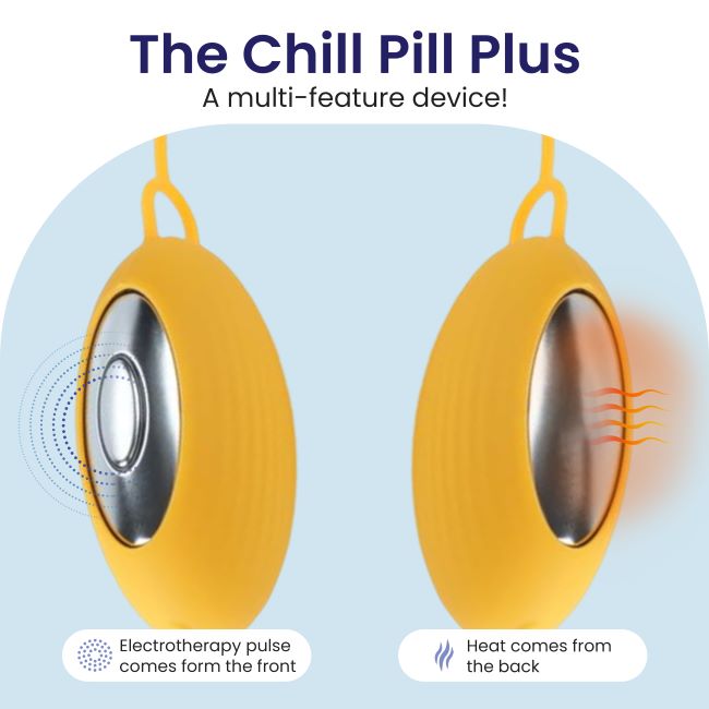 Front and back view of Chill Pill Plus highlighting electrotherapy and heat features.