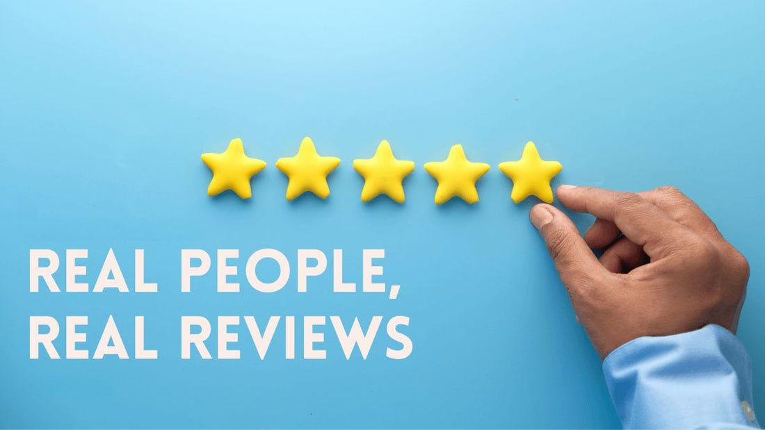 Five yellow stars and words saying: real people, real reviews
