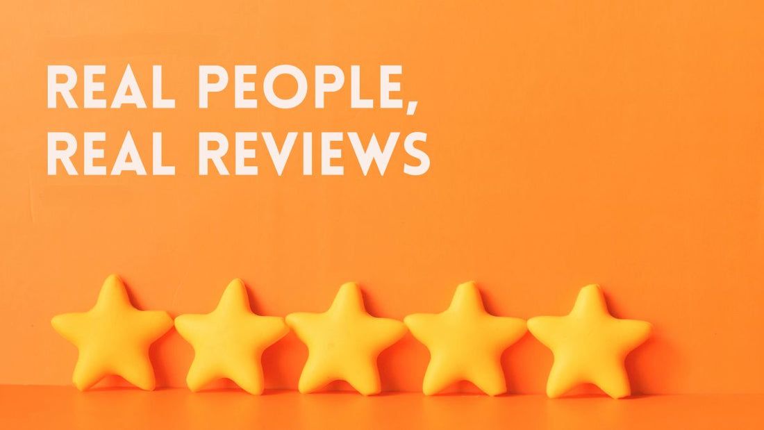 Five yellow stars and copy that says real people,real reviews