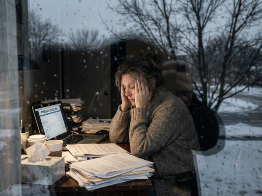 Stress woman at desk during winter