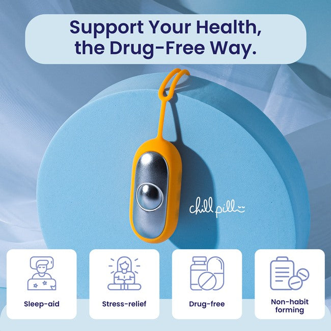 The Chill Pill device on a blue background with benefits: sleep aid, stress relief, drug-free, and non-habit forming