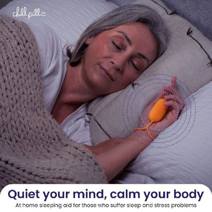 Elderly woman sleeping peacefully with The Chill Pill in hand, highlighted as an effective home sleep and stress aid.