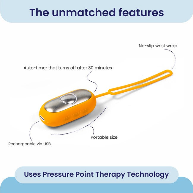 The Chill Pill showcasing features like a 30-minute auto-timer, no-slip wrist wrap, USB rechargeability, and portable size.