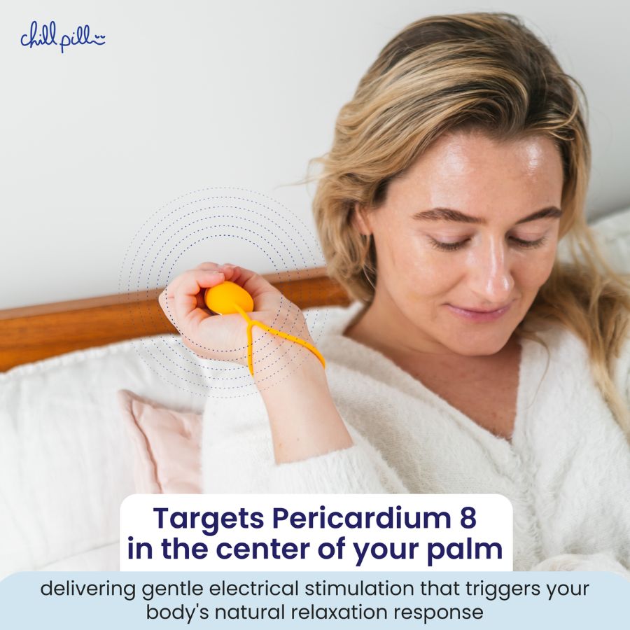 Woman using The Chill Pill device in her palm, targeting Pericardium 8 for relaxation with gentle electrical stimulation.