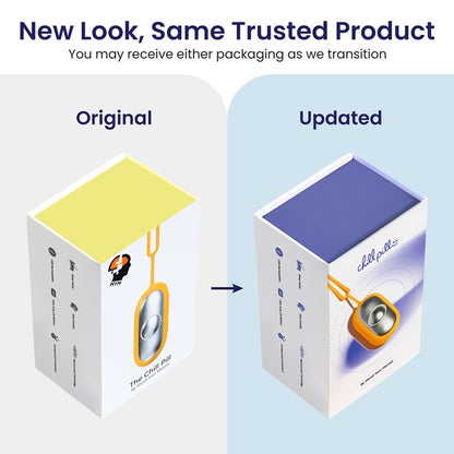 Side-by-side comparison of original and updated Chill Pill packaging design with yellow and purple color themes