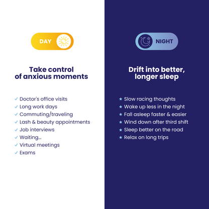 Take control of anxious moments during the day.
Doctor's office visits
Long work days
Commuting and traveling
Lash and beauty appointments
job interviews
Virtual meetings
Exams

Drift into better, longer sleep at night.
Slow racing thougths
Wake up less
Fall asleep faster and easier
Wind down after third shift
Sleep better on the road
Relax on long trips