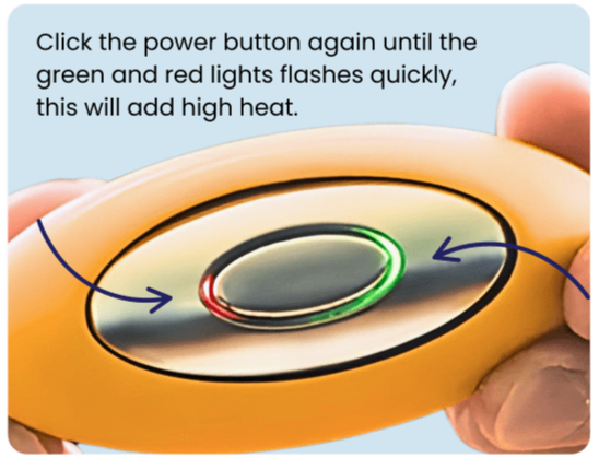 Fingers holding the Chill Pill Plus, with the power button flashing green and red to indicate high heat activation.