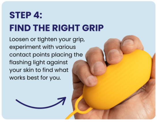 Hand holding the Chill Pill Plus, demonstrating how to find various therapeutic contact points